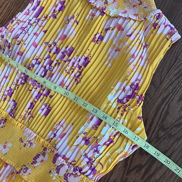 Nanette Laporte high smocked neck / waist accordion midi dress yellow purple 12 - Picture 11 of 12